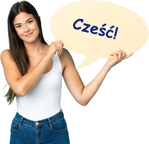 Dziewczyna trzymająca chmurkę z napisem Cześć