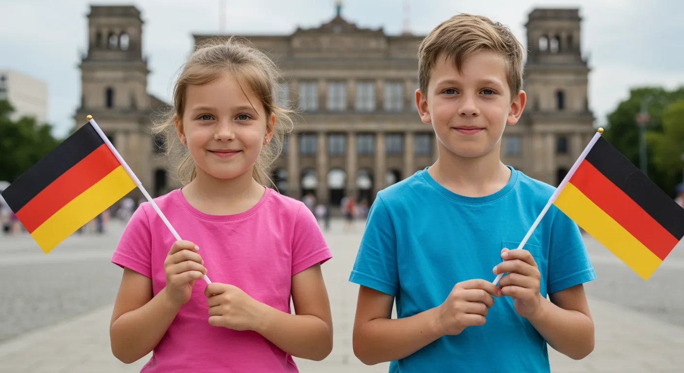 Dwoje dzieci trzymające flagi Niemiec na tle Reichstagu