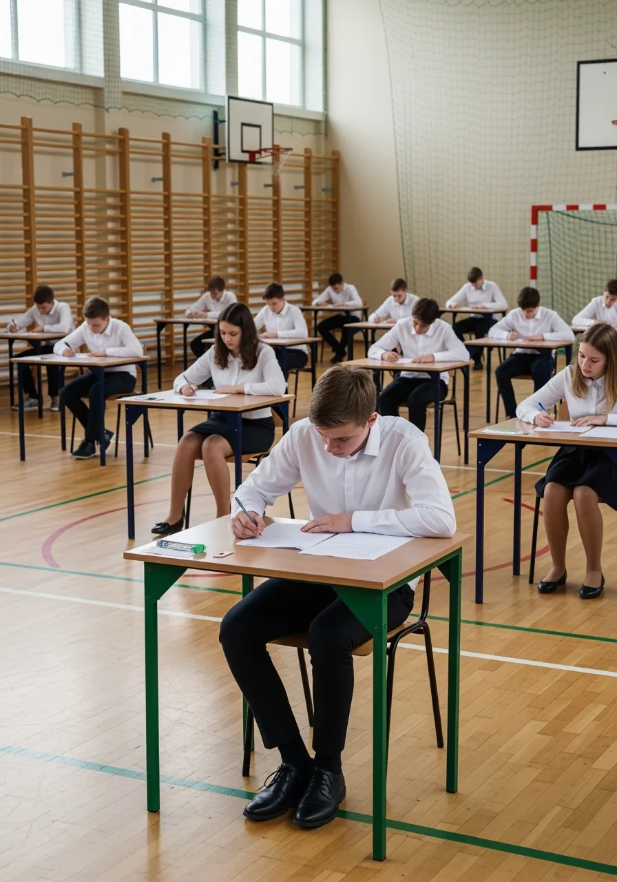 W równo ustawionych ławkach szkolnych siedzą uczniowie w wieku 14 lat, ubrani na galowo, biała koszula i ciemne spodnie dla chłopców i biała bluzka i ciemna spódnica dla dziewcząt.