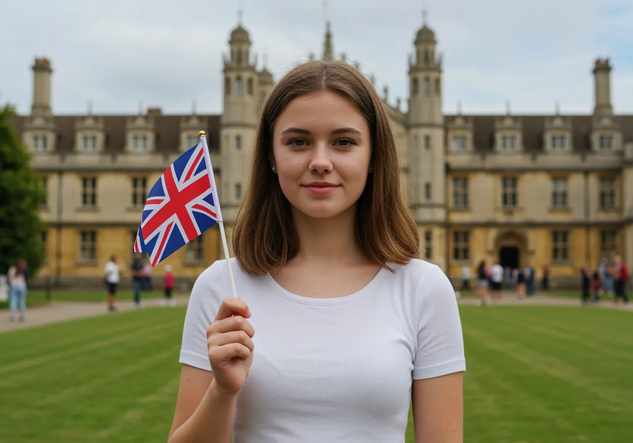 Kobieta trzymająca flagę UK na uniwersytecie w Cambridge