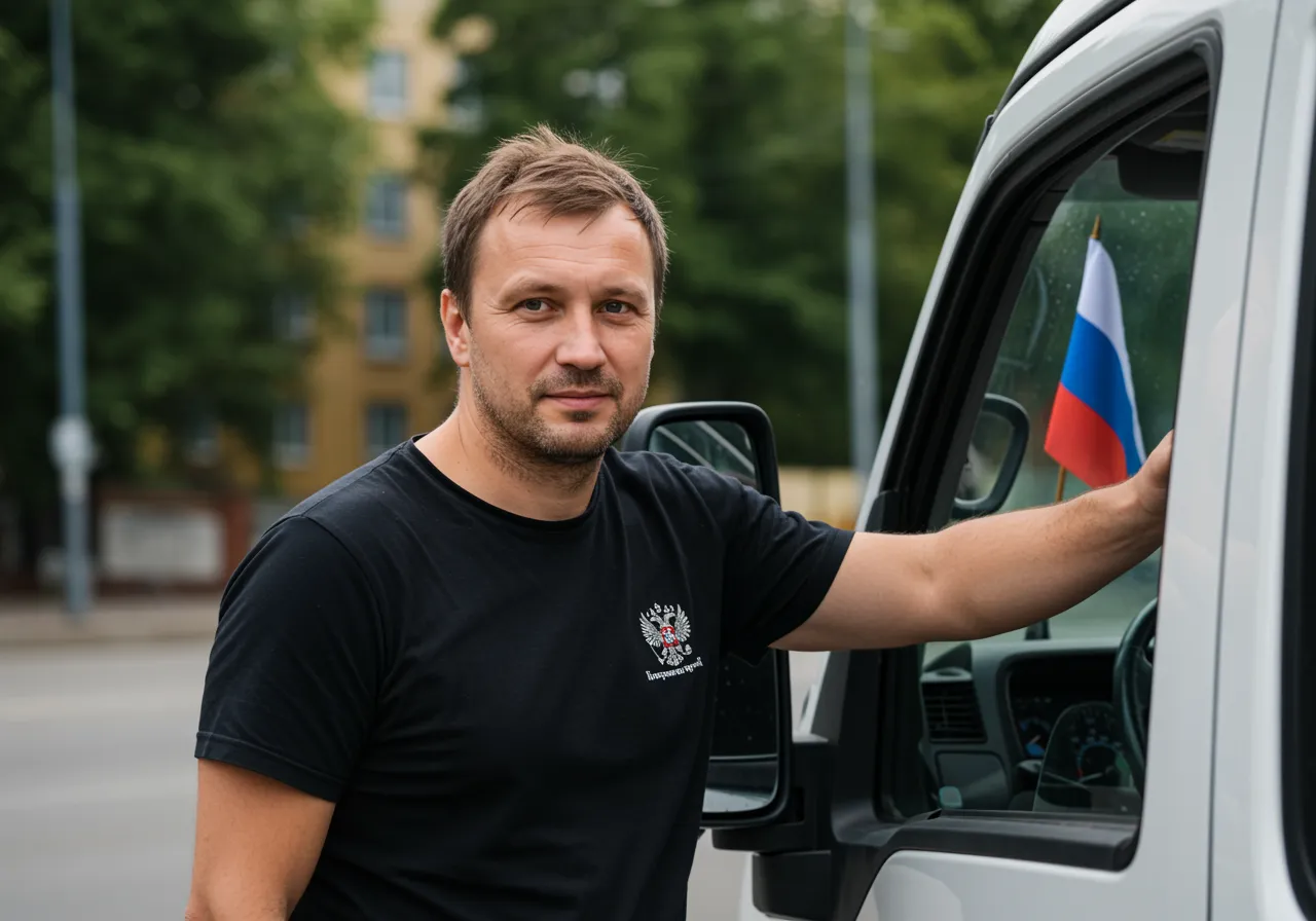 Biały mężczyzna, 40 lat, w czarnej koszulce. Kierowca samochodu ciężarowego. Stoi obok samochodu ciężarowego na ulicy Moskwy. W oknie samochodu, na desce rozdzielczej, widać małą flagę Rosji