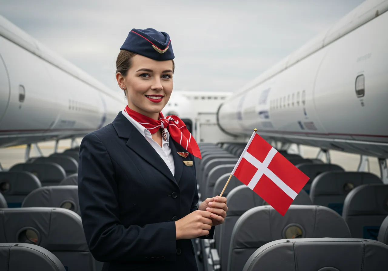 Biała kobieta, 30 lat, stewardesa w mundurze DAT. Stoi na pokładzie samolotu z małą duńską flagą w ręku.