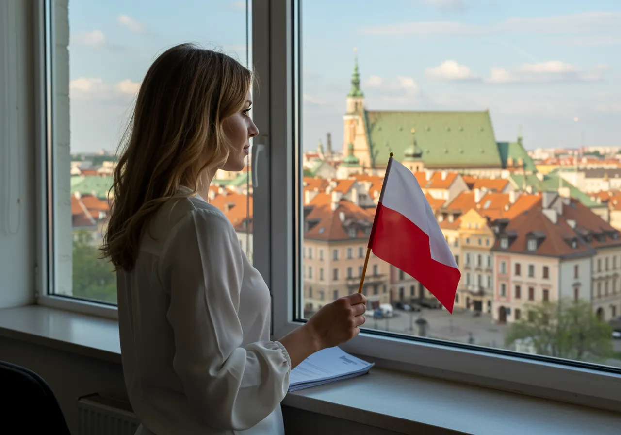 Biała kobieta, Ukrainka, 30 lat, w białej eleganckiej bluzce. Przez okno widać panoramę Warszawy.  W ręku małą polską flagę. 