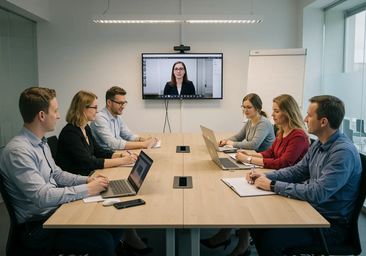 Grupa białych ludzi, w różnym wieku - od 20 do 40 lat, uczy się angielskiego online. Ubrani w eleganckie ubrania w stylu biurowym. Siedzą przy stole konferencyjnym, w jasnym i przestronnym biurze. Na dużym monitorze zawieszonym na ścianie przed nimi widać nauczyciela języka.