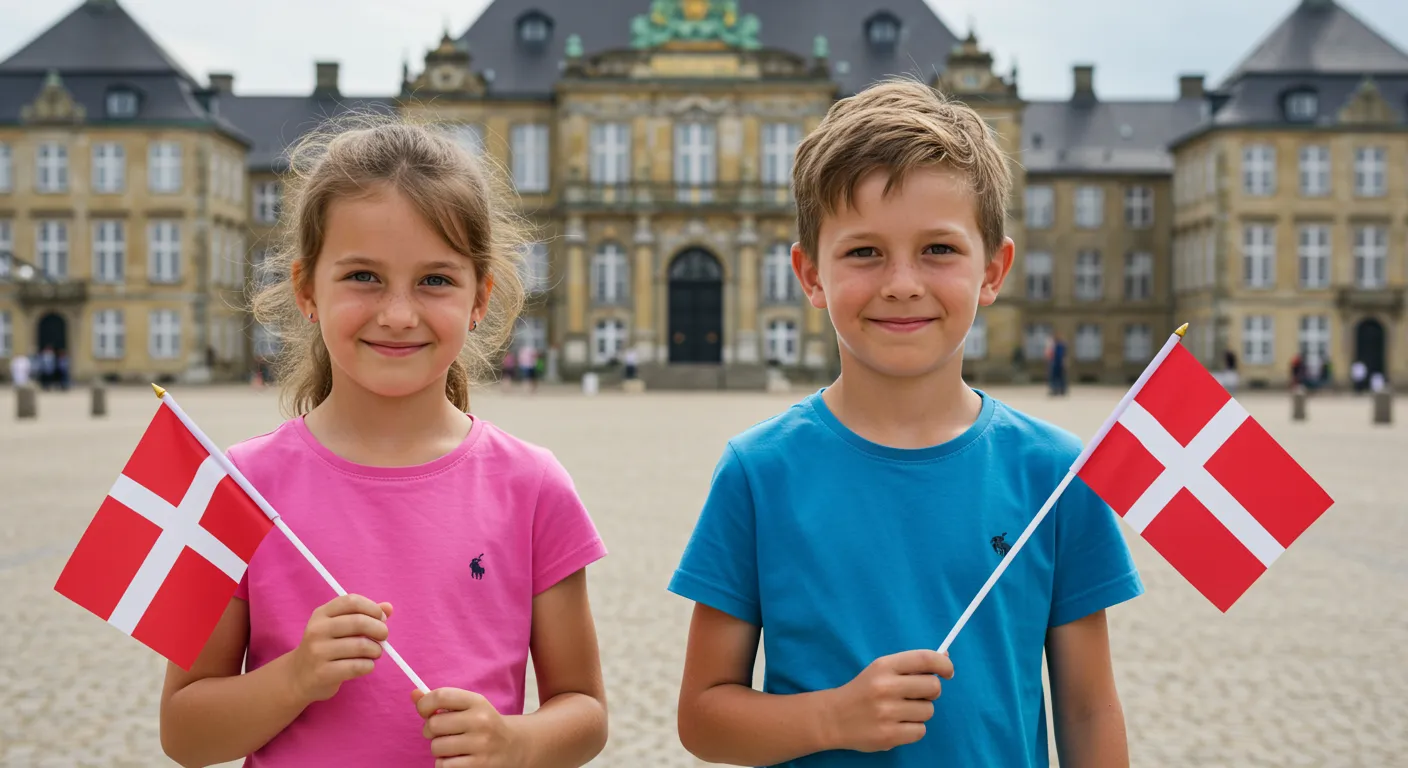 Dwoje dzieci trzymające flagi Danii na tle Amalienborg