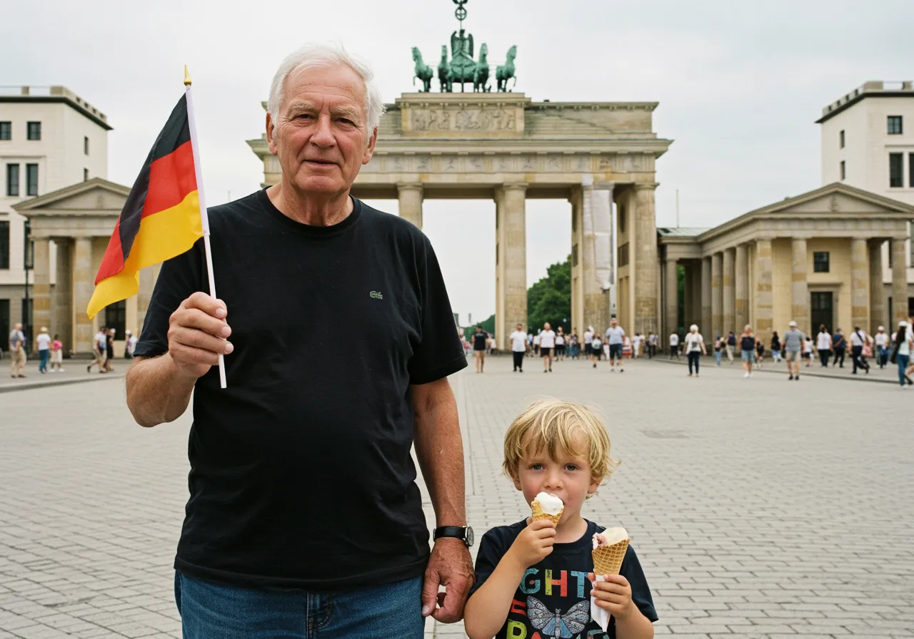Biały mężczyzna, lat 70., w czarnej koszulce. Dziadek z wnukiem mieszkającym w Berlinie. W tle Bramę Brandenburska. Mężczyzna trzyma ręku małą niemiecką flagę. Chłopiec ok 6 lat trzyma dziadka za rękę i je lody.