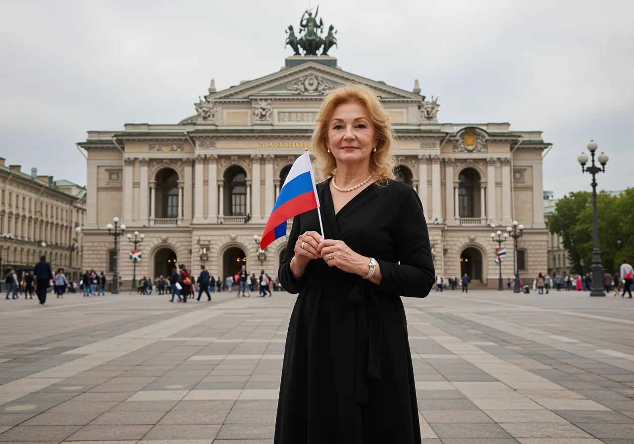 Biała kobieta, lat 70., w czarnej eleganckiej sukience. Stoi przed THE ST. PETERSBURG OPERA. W ręku małą rosyjską flagę. 