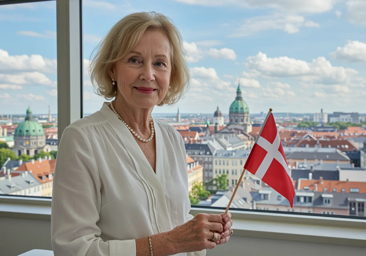 Biała kobieta, lat 70., w białej eleganckiej bluzce. U lekarza. Przez okno widać panoramę Kopenhagi.  W ręku małą duńską flagę. 